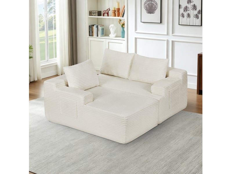  Canapé d'angle compressé en l 238x152x66 cm modulable 3 places, mousse et velours côtelé couleur beige, moderne  - Conforama D