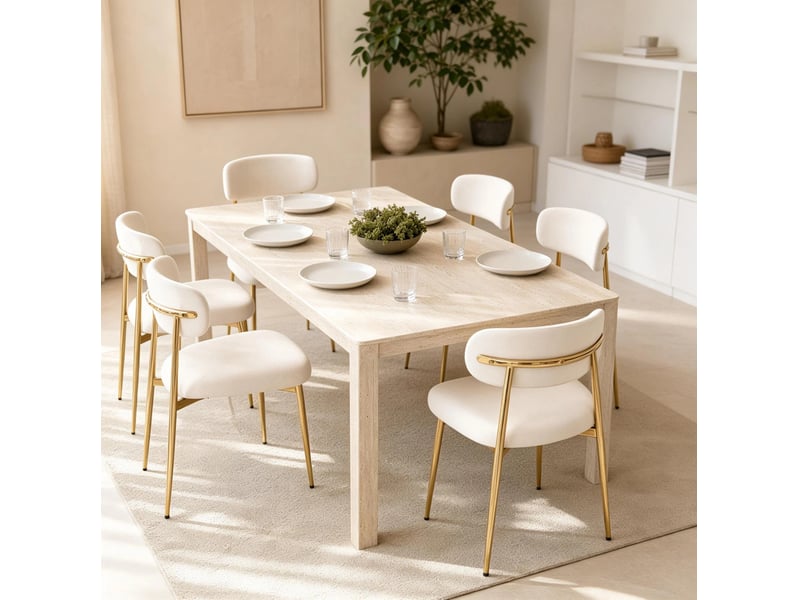  Lot de 6 chaises de salle à manger 51x50x81 cm, assise rembourrée, patins réglables, métal et bois, blanc et doré  - Conforama B