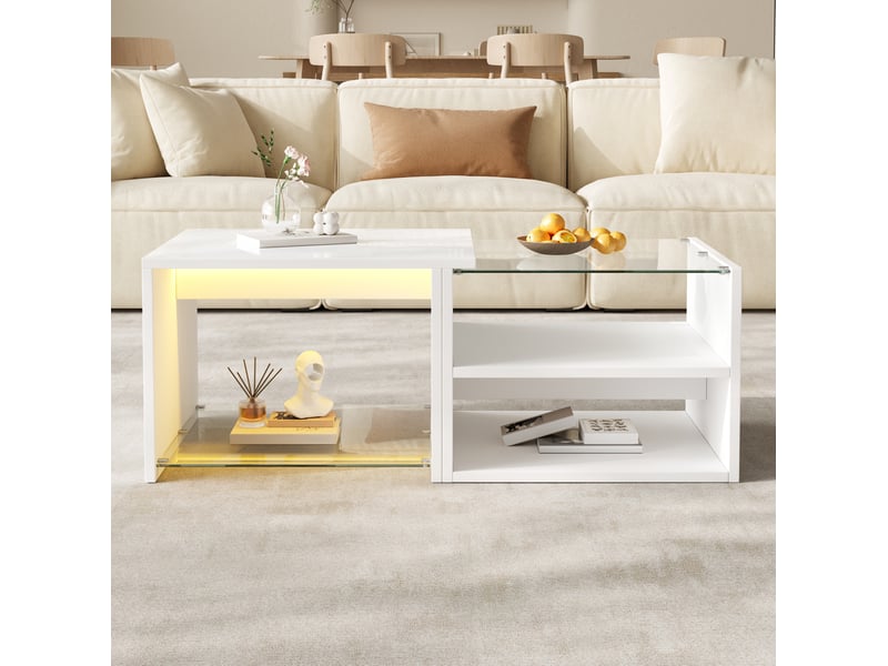  Table basse rectangle 100x50x38 cm led contrôlée par application panneau de particules couleur blanc  - Conforama B