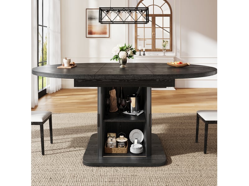 Table à manger extensible 110x110x75 cm, panneau de fibres et cadre métal noir, avec rangement, portes coulissantes et étagère amovible - Conforama D