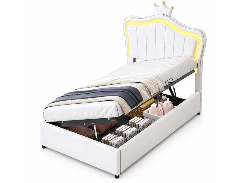  Lit coffre enfant rembourré 1 place 90x200 cm avec led, rangement hydraulique, tête de lit couronne réglable, sommier à lattes, simili cuir blanc  - Conforama A