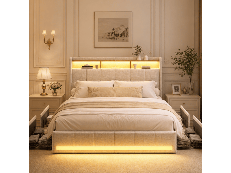  Lit double 140x200 avec led et tiroir, lit 2 personnes avec led et usb cadre de lit rembourré avec 4 tiroirs de rangement et tête de lit capitonnée pour adultes et adolescents lin beige, sans matelas  - Conforama B