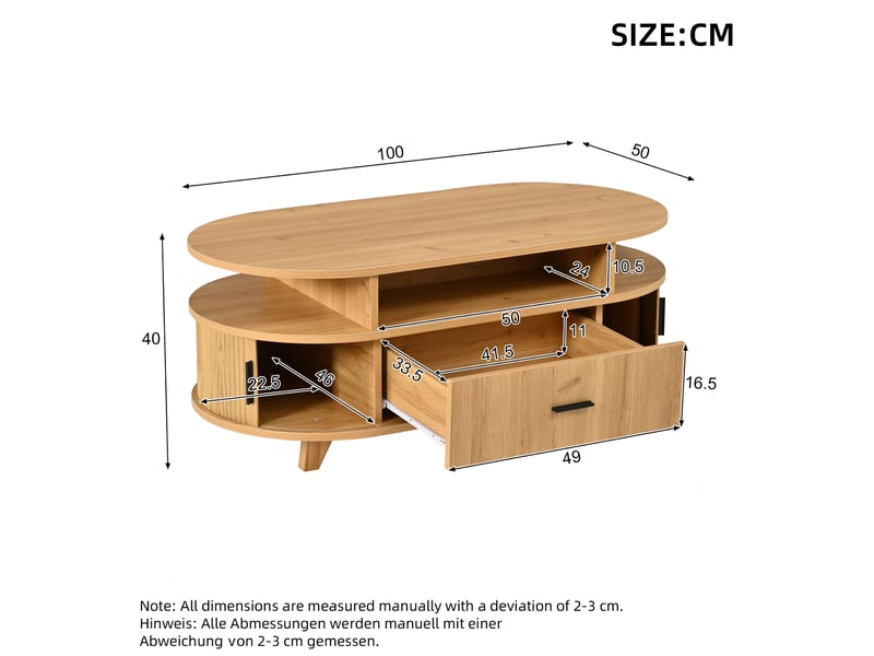  Table basse ovale 100x50x40 cm avec tiroir et portes à rideau, finition bois naturel  - Conforama E