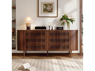 Commode 6 tiroirs - 160x40x70cm - commode basse de salon avec côtelés ajourés & angles arrondis - noyer