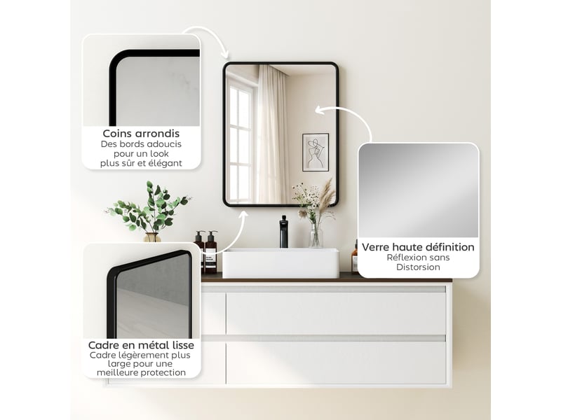  Miroir mural rectangulaire 50 x 40 cm, miroir décoratif moderne avec cadre en métal pour salon, entrée, couloir, noir  - Conforama R