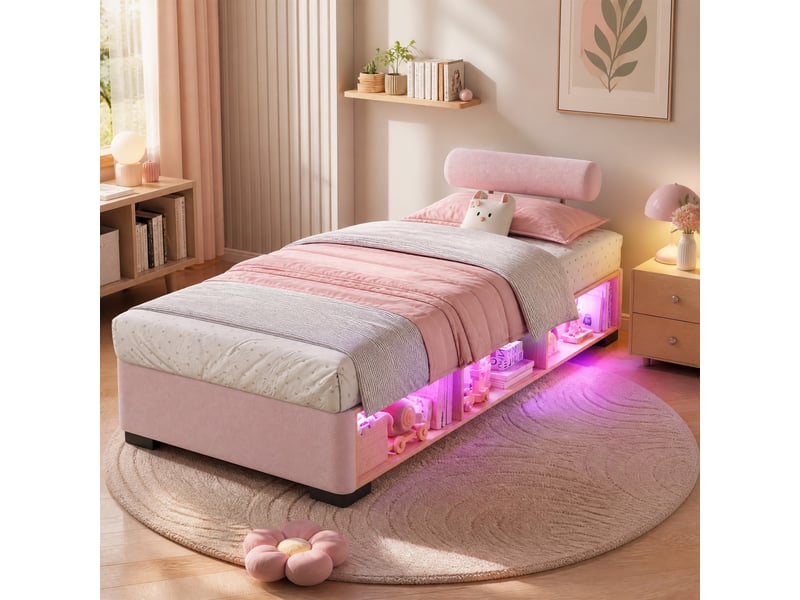  Lit enfant 90x200 cm, couchage bas, rangements latéraux led, appuis-tête modulables, velours rose sans matelas  - Conforama B