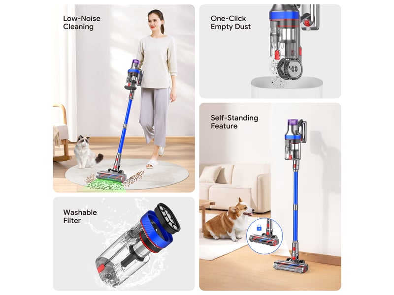  Aspirateur sans fil,écran tactile, 48 kpa 600 w, 4 modes de puissance d'aspiration,convient aux tapis à poils d'animaux et aux sols en bois dur,bleu  - Conforama B