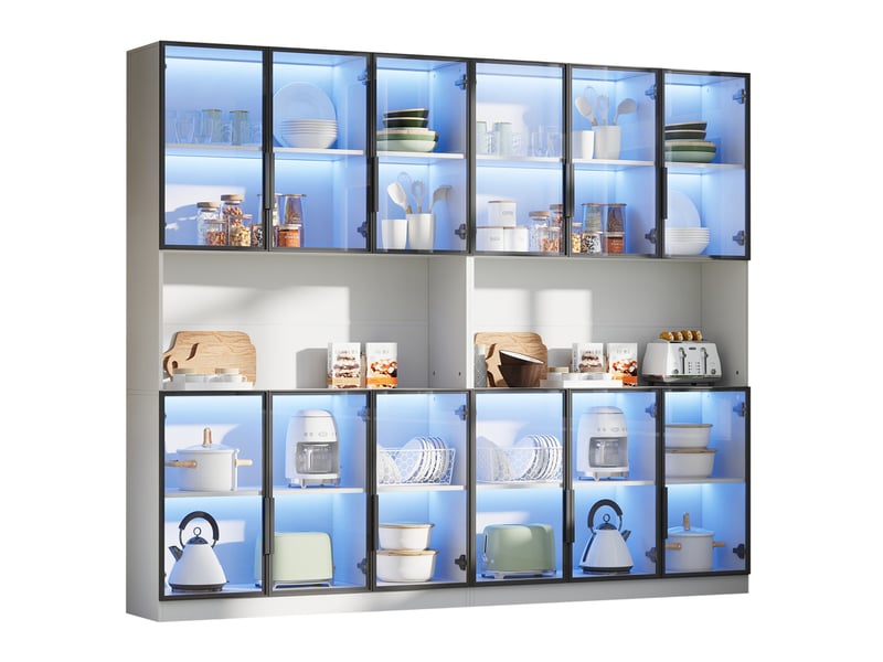  Buffet de cuisine 240x34x200 cm à 12 portes en verre avec led blanc  - Conforama A