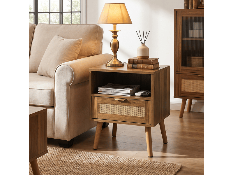  Table de chevet, avec style boho, 1 tiroir et niche ouverte, pour chambre, mdf, panneau de particules et rotin, noyer, 45×40×55 cm  - Conforama C