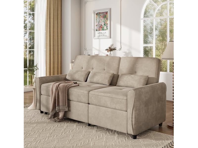 Canapé convertible 3 places avec dossier réglable et assise extensible, repose-pieds et 3 coussins en chenille marron - Conforama D