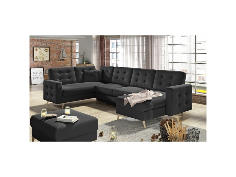  Canapé d'angle panoramique convertible hasgard u 326 cm noir avec coffre  - Conforama B