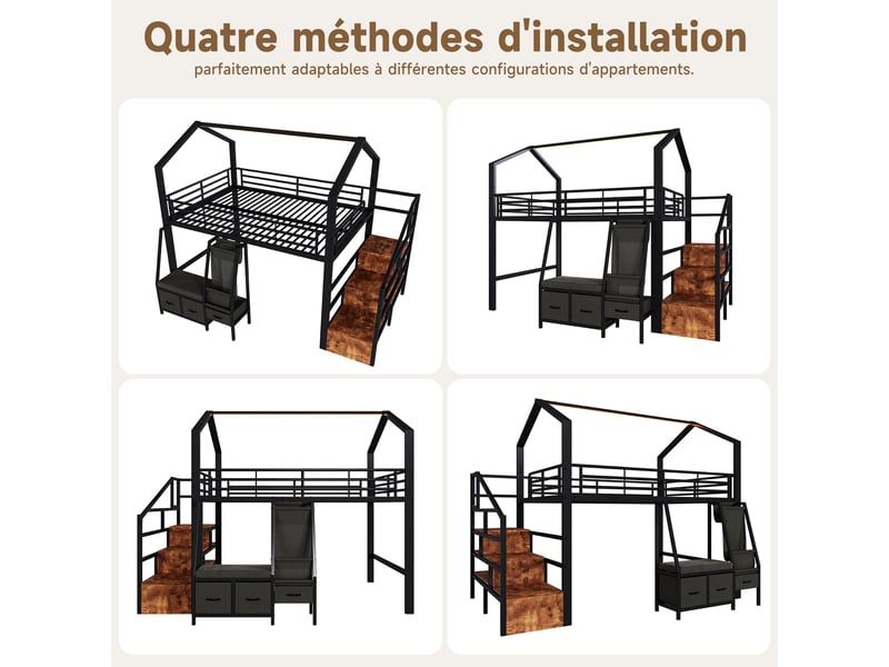 Lit mezzanine 1440 x 200 cm – avec étagère de rangement en tissu – avec 3 tiroirs – avec échelle – avec éclairage led – noir (matelas non inclus) - Conforama R