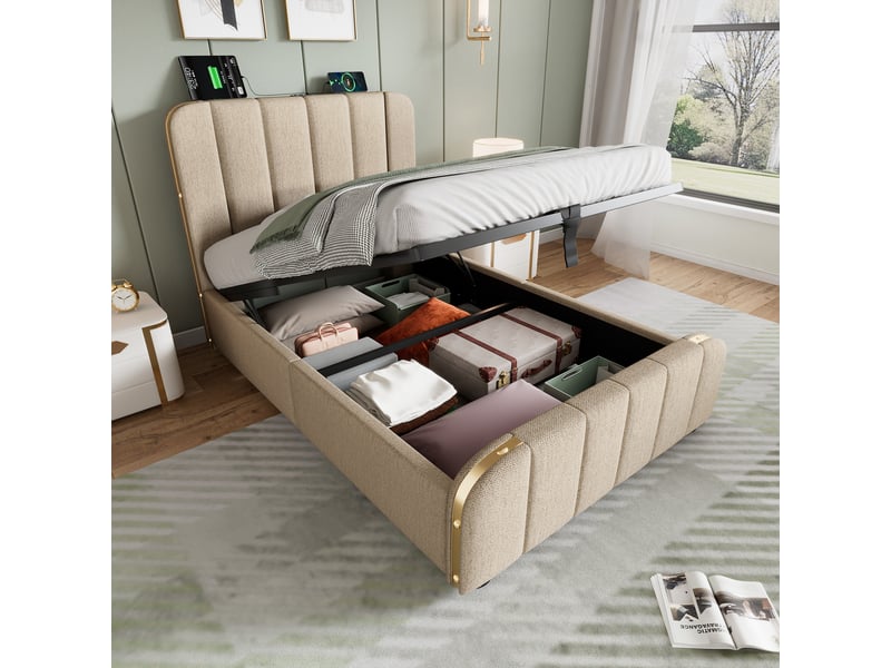  Lit simple 90x200 cm - lit avec led et tiroirs - lin - sans matelas - beige  - Conforama E