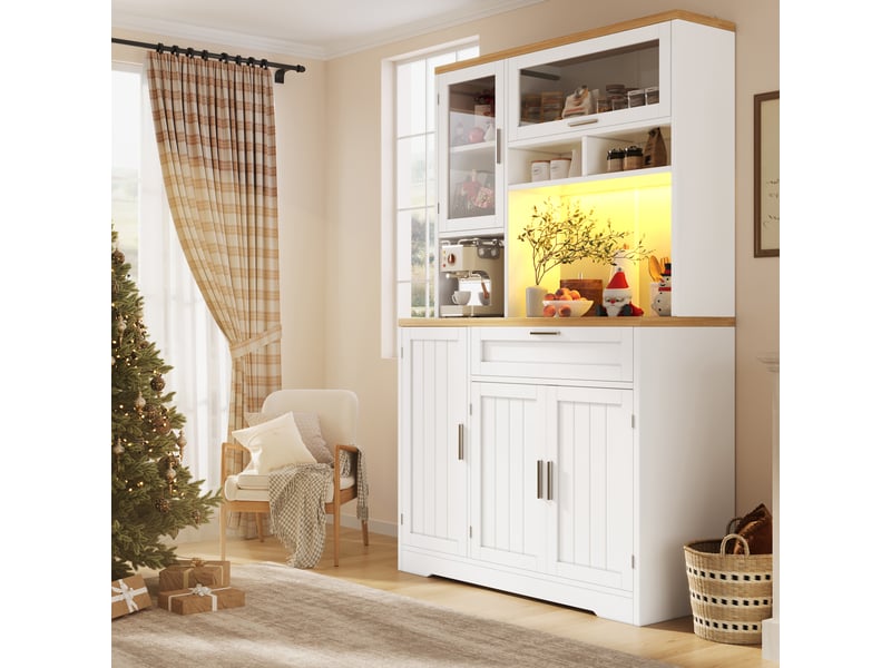  Armoire de cuisine avec éclairage led, meuble vitrine blanc et noir, vaisselier haut 180 cm, rangement mdf  - Conforama R
