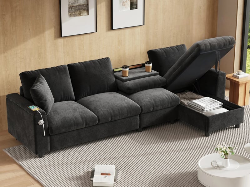  Canapé d'angle modulaire,3 places, accoudoirs avec rangements,en tissu chenille,280x137x84 cm,gris  - Conforama B