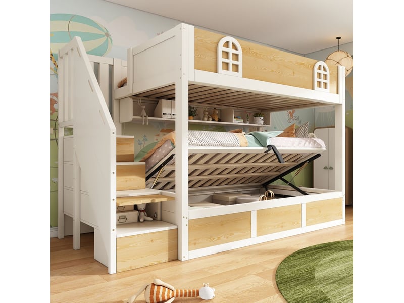  Lit superposé enfant 90x200, sécurité renforcée norme en 747-1 lit superposé, escalier rangement intégré, gain d'espace, design cabane  - Conforama A