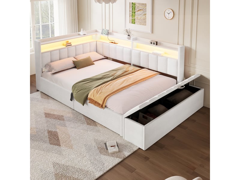  Lit coffre hydraulique 140x200 cm avec led, usb-a et usb-c, banc coffre et tête réversible, tissu lin beige, sans matelas  - Conforama W