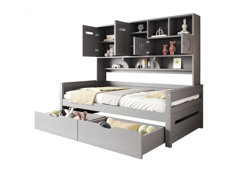 Lit coffre 90x200 cm avec rangements, 2 tiroirs, pin gris, sans matelas - Conforama A
