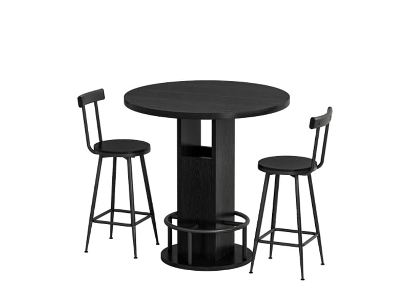  Ensemble bar 3 pièces – table ronde 80 cm + 2 tabourets boismétal noir, repose-pieds annulaire – style industriel  - Conforama A