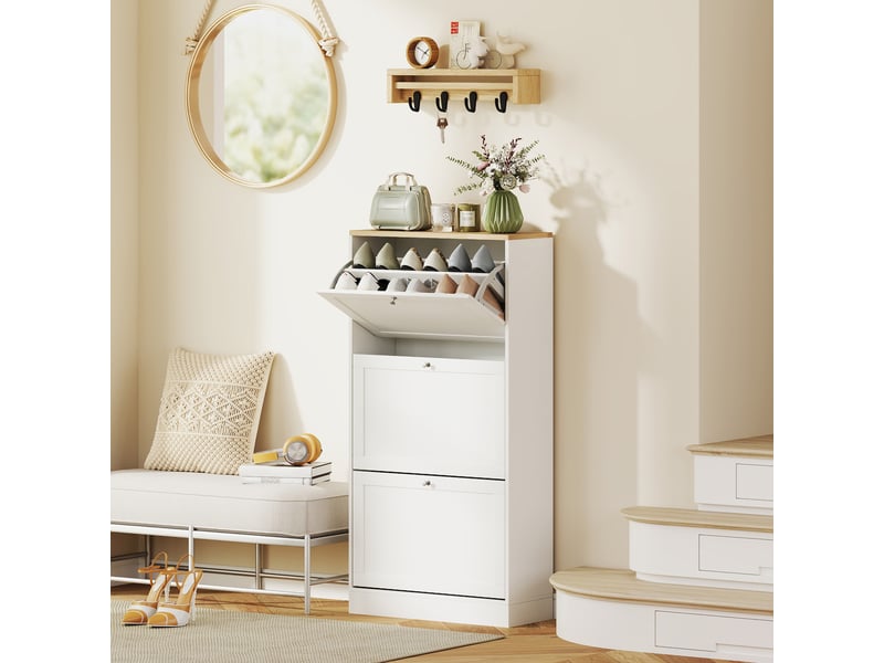  Meuble à chaussures moderne avec 3 tiroirs abattants et étagères réglables pour 18 paires de chaussures, 60 x 23,5 x 115 cm, blanc  - Conforama B