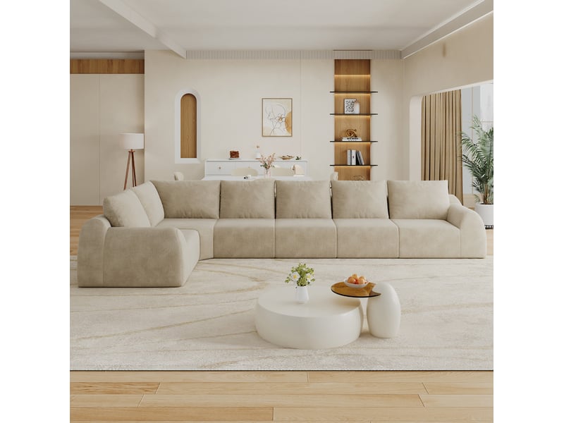  Canapé d'angle compressé 6 places en chenille avec mousse haute élasticité, sans montage, beige  - Conforama C