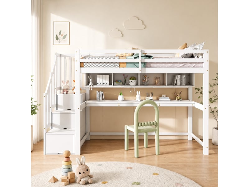 Lit mezzanine enfant 90x200 cm avec escalier de rangement et bureau, blanc - Conforama D