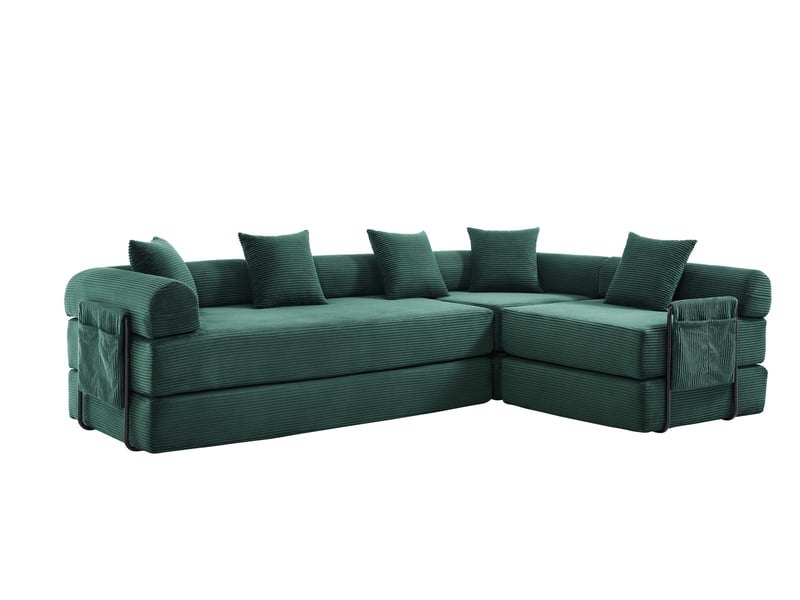 Canapé modulable 270x180x64 cm, design modulaire et poches latérales, avec stockage, velours côtelé, vert - Conforama A
