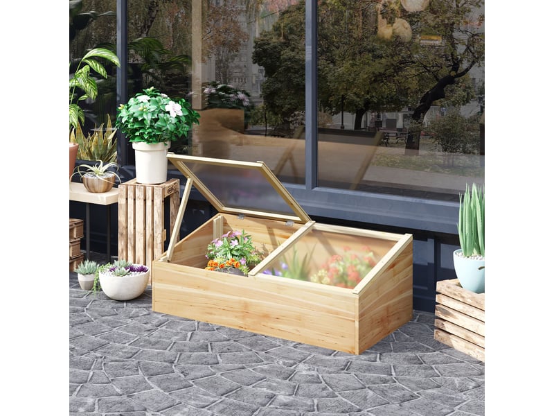  Mini serre de jardin serre pour semis dim. 100l x 50l x 36h cm toit 2 pans ouvrables séparemment panneaux de polycarbonate bois sapin pré-huilé  - Conforama C