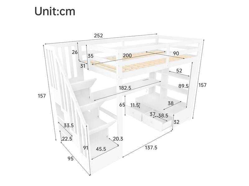  Lit mezzanine enfant 90x200 cm – blanc – bureau, rangements, escalier et led intégrés - sans matelas  - Conforama C