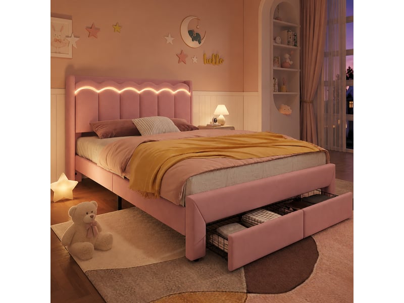  Lit enfant 140x200 cm, lit 2 places avec 2 tiroirs couleur rose, led, mdf et métal, sans matelas, moderne  - Conforama E