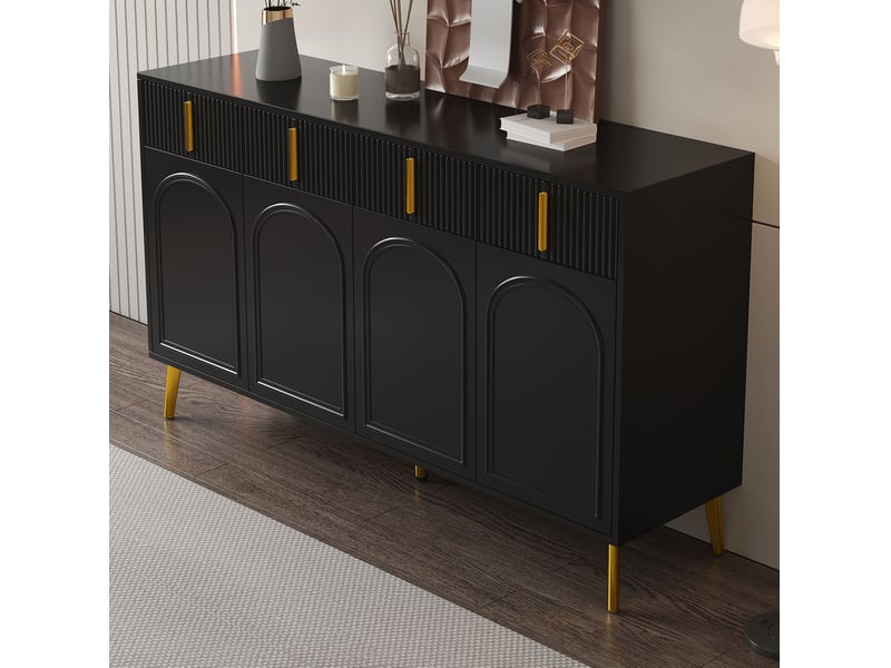  Buffet 140x38x82 cm avec 4 portes à forme incurvée et 4 tiroirs en mdf couleur noir, pieds de couleur dorée, design moderne  - Conforama E