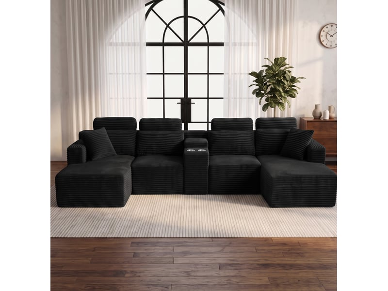  Canapé d'angle modulaire en u 373x151x81 cm compressé avec porte-gobelets, pour salon, mousse, velours côtelé, noir  - Conforama B