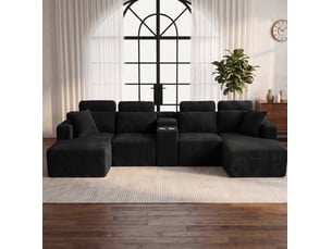 Canapé d'angle modulaire en u 373x151x81 cm compressé avec porte-gobelets, pour salon, mousse, velours côtelé, noir