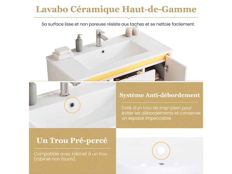  Meuble sous-vasque mural avec vasque céramique et led 81x47x51 cm blanc  - Conforama E