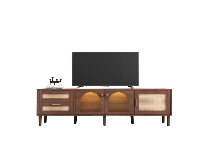  Meuble tv modenvie 180 x 40 x 50 cm marron avec led, 2 tiroirs en rotin et 3 portes  - Conforama A
