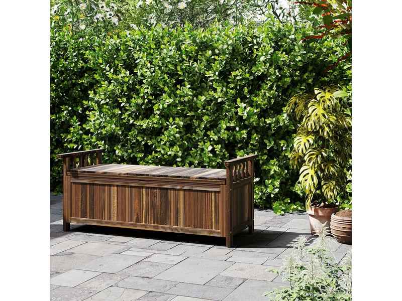  Banc de jardin 2 places en bois, résistant aux intempéries, avec rangement et accoudoirs, 128,5 x 52 x 53,5 cm, finition carbonisée  - Conforama D