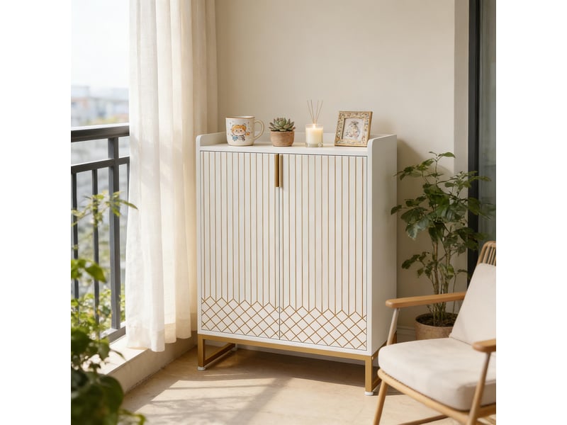  Meuble à chaussures 5 étagères et 2 portes avec rangement pour entrée en bois et métal blanc doré  - Conforama A