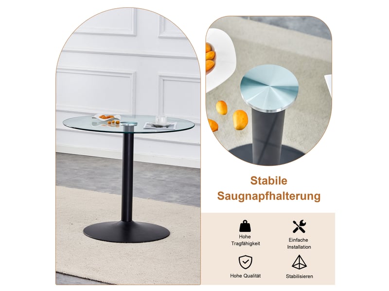  Ensemble table ronde en verre et 4 chaises marron rembourrées, plateau trempé 85 cm et piètement noir, style rétro industriel  - Conforama W