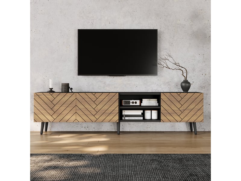  Meuble tv bas 180x33,5x45 cm avec 3 portes silencieuses et passe-câbles, tv lowboard moderne pour salon, naturel evarich - Conforama B