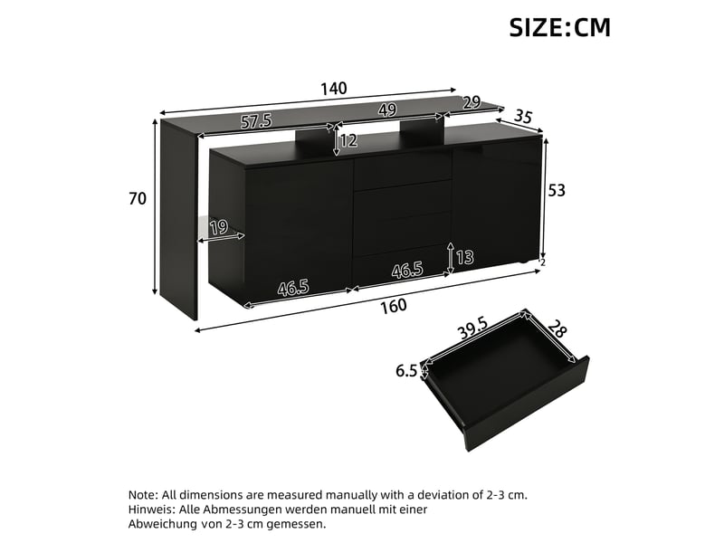  Buffet 160 cm, avec led intégrée, 2 portes, 4 tiroirs, finition haute brillance, panneau de particules, noir, élégant  - Conforama C