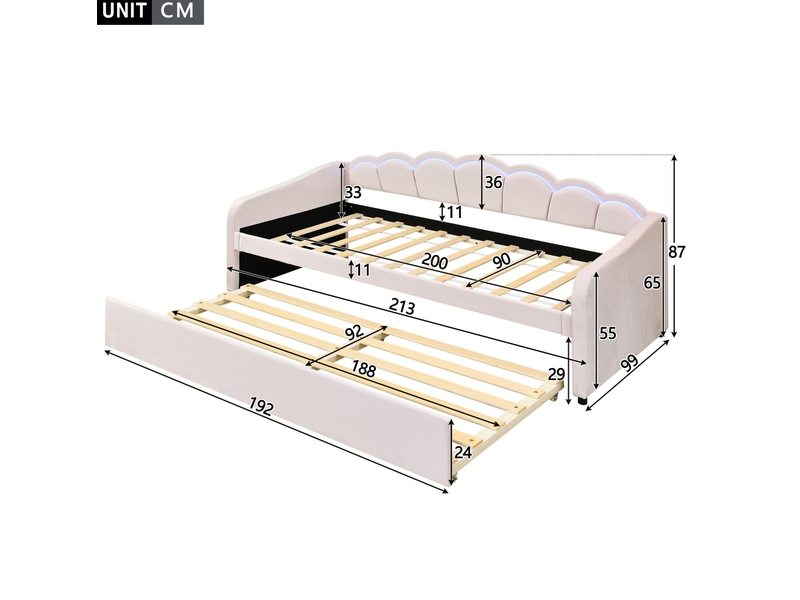  Lit gigogne 90x200 cm avec éclairage led, rose  - Conforama E