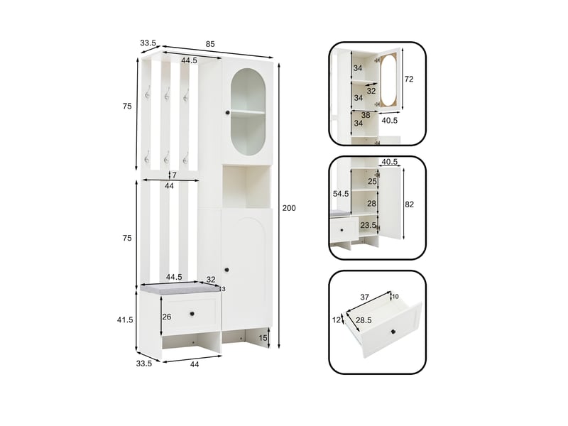  Vestiaire d'entrée, meuble de rangement avec banc de chaussage et portemanteau, en panneaux de particules et verre trempé 85x33.5x200cm, blanc  - Conforama E