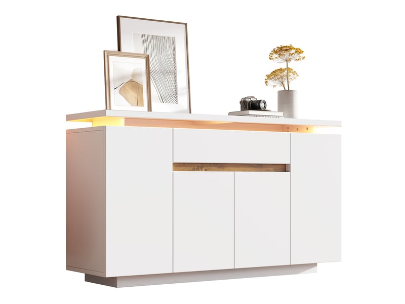  Buffet, avec 4 portes, 1 tiroir, 2 étagères réglables et led, pour salon ou cuisine, blanc, 140 × 40 × 80 cm  - Conforama A