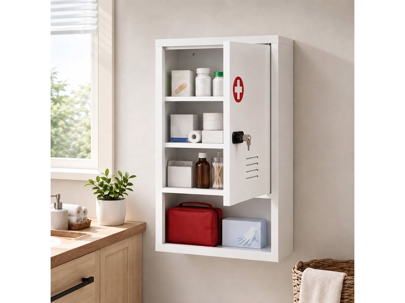  Armoire à pharmacie murale avec serrure à combinaison et clé, 3 niveaux, verrouillable, blanche  - Conforama D