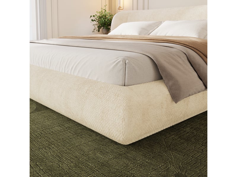 Lit rembourré en chenille beige 140x190 cm avec tête de lit arrondie Fay Lum - Conforama W