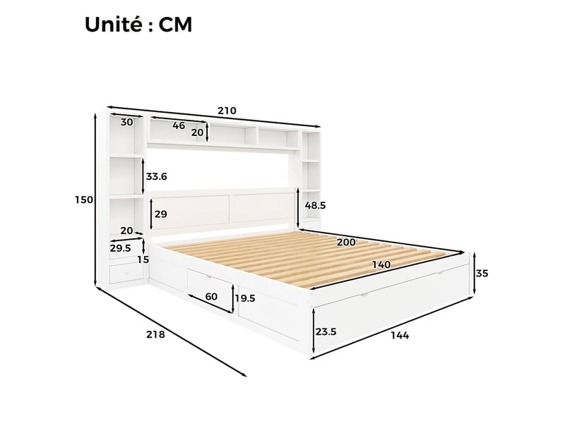 Lit plateforme 140x200 blanc avec 7 tiroirs, tête de lit bibliothèque et éclairage led sans matelas  - Conforama C
