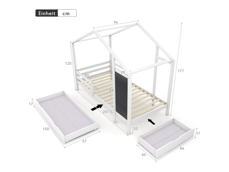 Lit d'enfant 90 x 200 cm en bois avec tableau et 2 tiroirs, bois massif avec barrière et sommier, blanc (sans matelas) - Conforama D