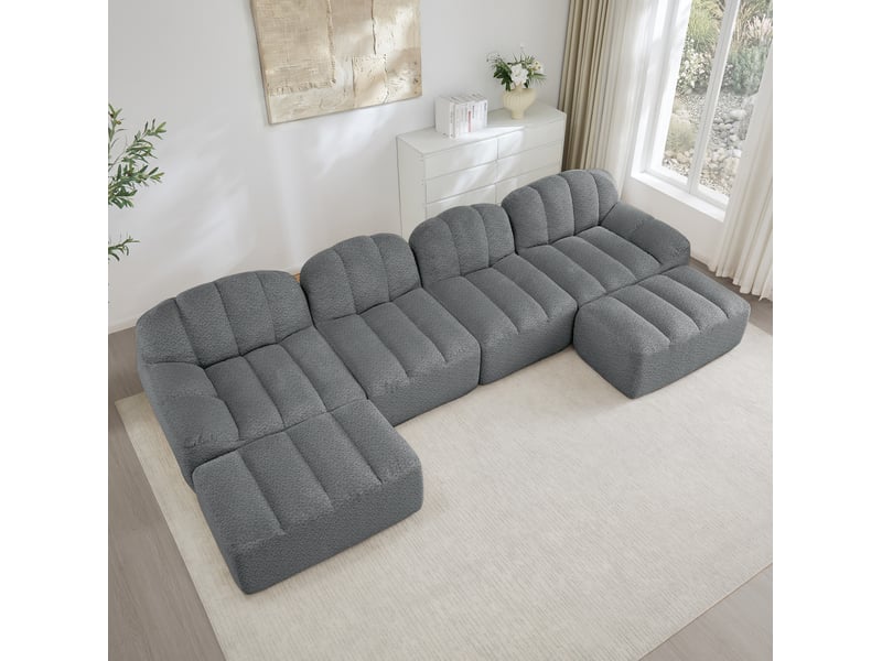  Canapé modulaire ulevr 4 places en u avec 2 ottomans, tissu bouclette gris, 366 x 165 x 79 cm  - Conforama D