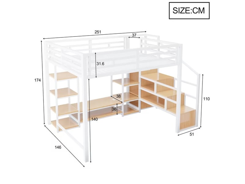 Lit mezzanine 140x200 cm – blanc – mezzanine avec escalier de rangement, support tv et prise intégrée  - Conforama C