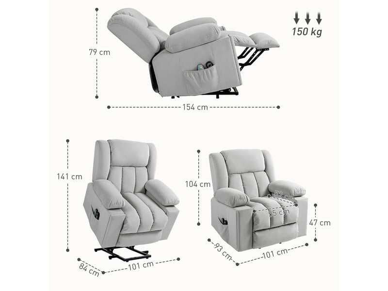  Fauteuil releveur électrique, massage chauffant, fauteuil en velours gris clair inclinable à 135° pour salon  - Conforama C
